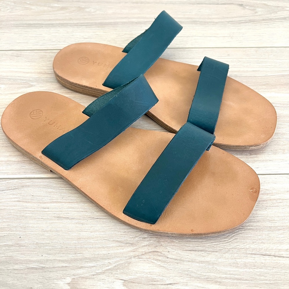 YUMAYO sandals / Indio leather 2 strap slides in dark teal / size 41